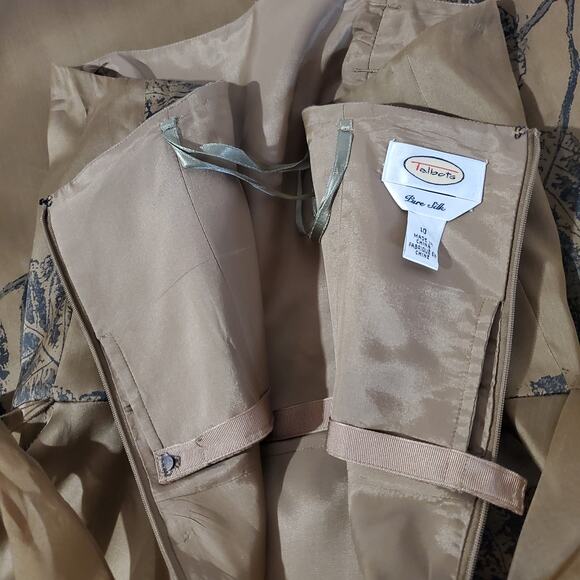 Talbots Vtg 100% Silk Leaf Tie Waist Strapless Dress Womens Size 10 Gold Beige - Picture 8 of 13